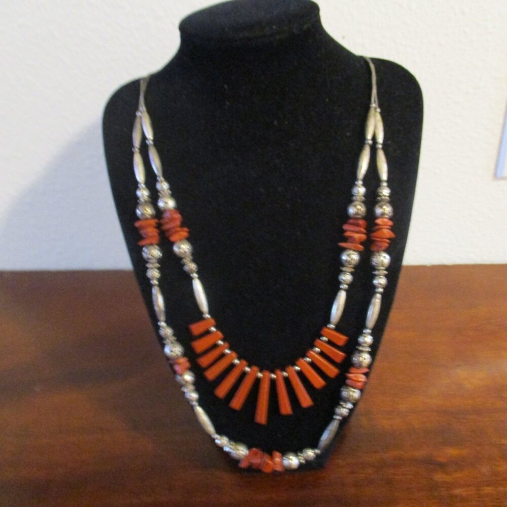 COPY - Native American Sterling Silver Beaded Coral Necklace - Picture 2 of 3